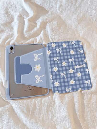 1pc Pretty Daisy Bow Ipad Case 720 Rotating Flat Cover With Pen Slot, Acrylic Clear Crystal Back Cover, Sleep/Wake Support