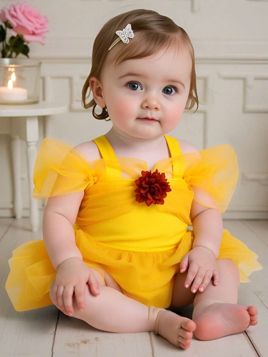 Baby Girls' Yellow Mesh Princess Style Romper Dress, Suitable For Parties