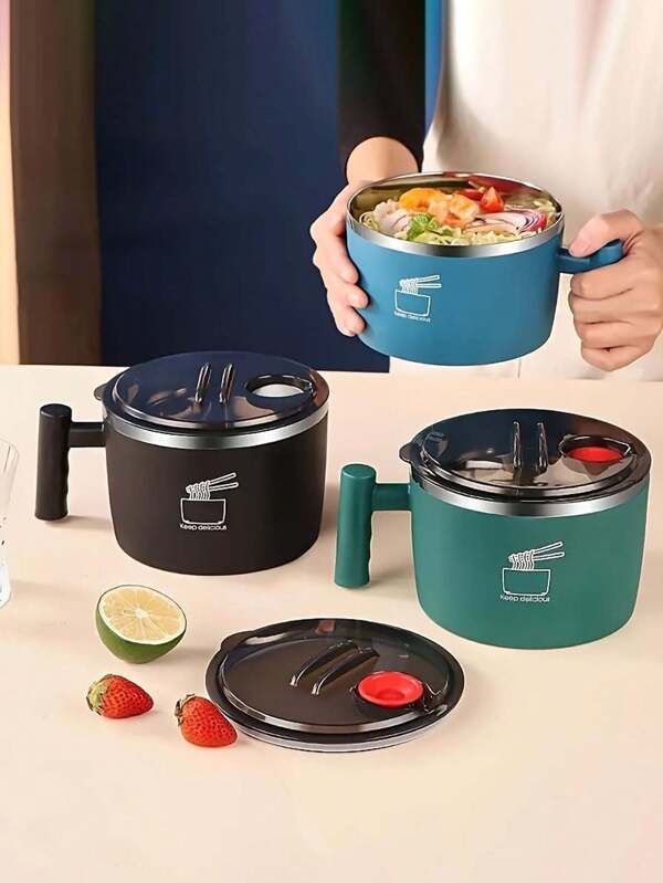 1pc Solid Color Round Double-Layer Insulated Stainless Steel Bowl With Draining Silicone Rim And Plastic Semi-Transparent Lid, Suitable For Office, School, Outdoor, Instant Noodles Container,School Supplies