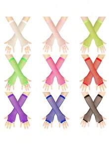 زوج من الأكمام الشبكية المجوفة، أكمام طويلة ملونة بنمط للحماية من أشعة الشمس بطريقة JK مع تصميم جذاب للصيف