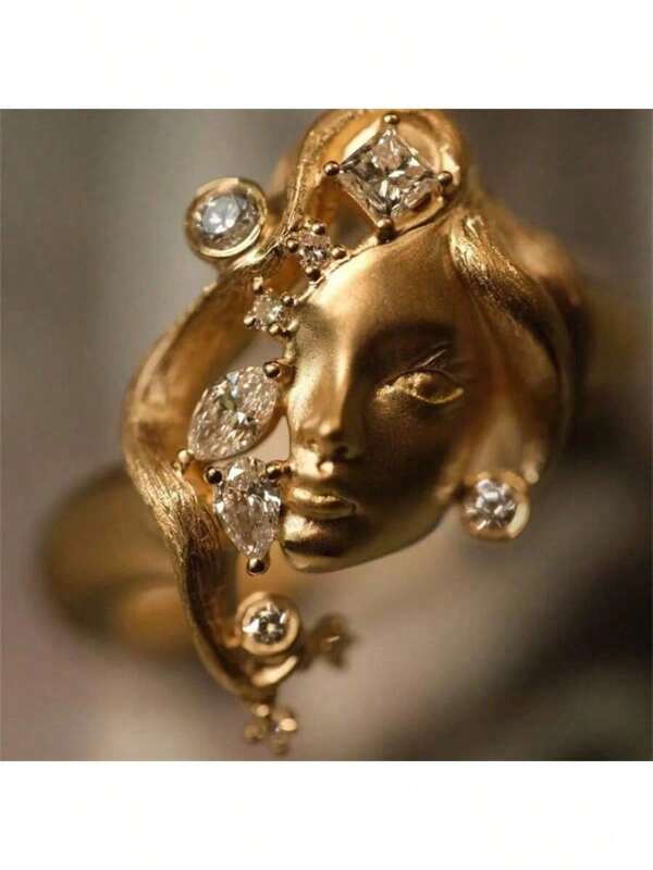A Vintage Portrait Decoration Ring For Women, Set With Synthetic Gemstones, Featuring A Niche And Exquisite Design With An Open Ring