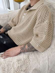 Unisex Casual Business Style Loose Solid Color Short Sleeve Polo Sweater, Spring/Summer New Arrival - Khaki - View 2