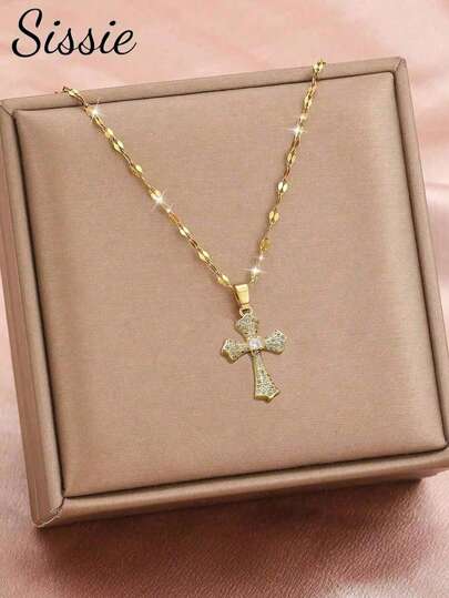 1 st Fashionabla populära mikroinlagda Diamond Jesus Cross Kopparhänge Halsband i rostfritt stål Lämpligt för pojkar Flickor Utsökt lätta lyxiga festsmycken för religiösa kristna smycken för dagligt bruk