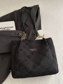 Fashionable Striped Handbag - Women's Large Capacity Shoulder Bag - Zipper Tote Bag For Daily Use - Metal Chain Strap Tote - Black - View 5