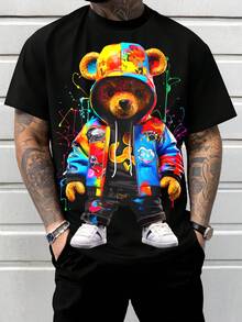 Men's Summer Teddy Bear Printed Short-Sleeve Crew Neck T-Shirt - Black - View 1