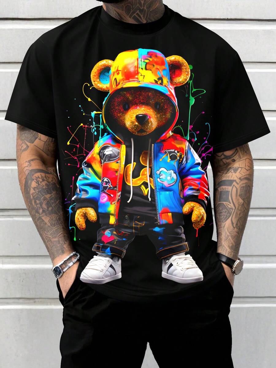 Men's Summer Teddy Bear Printed Short-Sleeve Crew Neck T-Shirt - Black - View 1