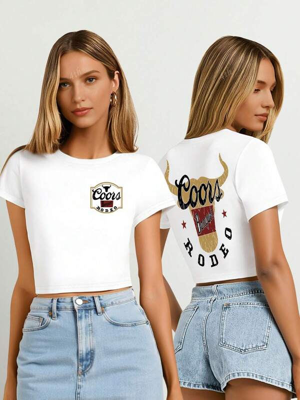 RODEO Bull Head Double-Sided Crop Top Women 2025 | Y2K Neon Cowgirl Graphic Tee For Summer Tops With Glow-In-Denim Texture