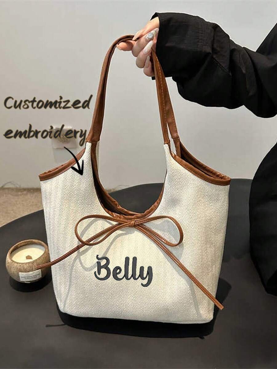 (Customized Embroidery) Large Capacity Bucket Tote Bag, Shoulder Underarm Bag, Bowknot, Unique Canvas Bag - Multicolor - View 1