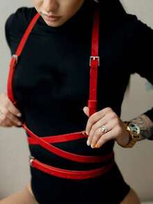 1pc Women's Black PU Leather Punk Style Belt, Suitable For Party, Festival, Celebrations - Red - View 1