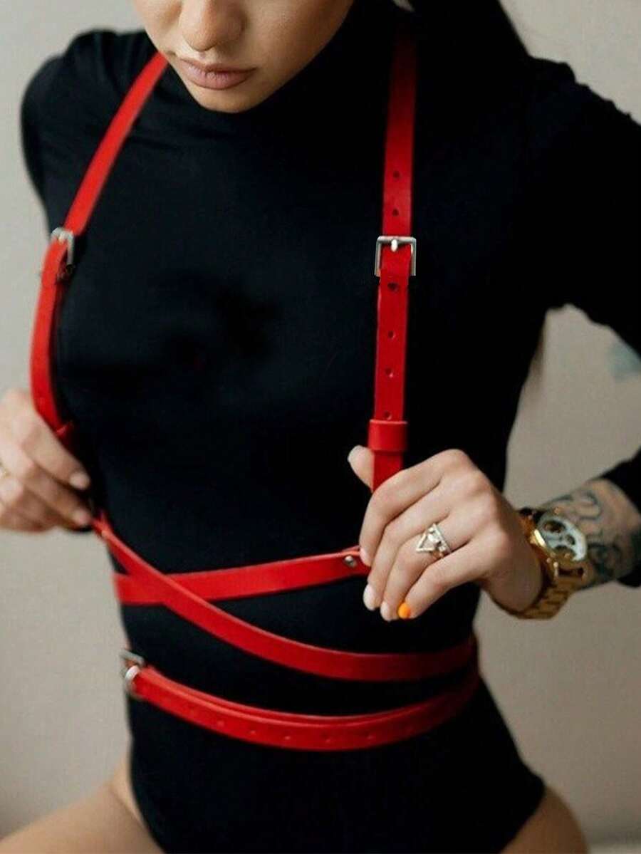 1pc Women's Black PU Leather Punk Style Belt, Suitable For Party, Festival, Celebrations - Red - View 1