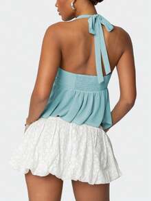 Women Sequin Beaded Mesh Patchwork Halter Top Y2K Sparkly Sleeveless Deep Low Cut Split Sheer Cami Tank Tops Glitter Rhinestone Backless Camisole Crop Tops Summer Slim Fit Vests Shirts Going Out Tops Club Party Beach Streetwear - 藍色 - 查看 2