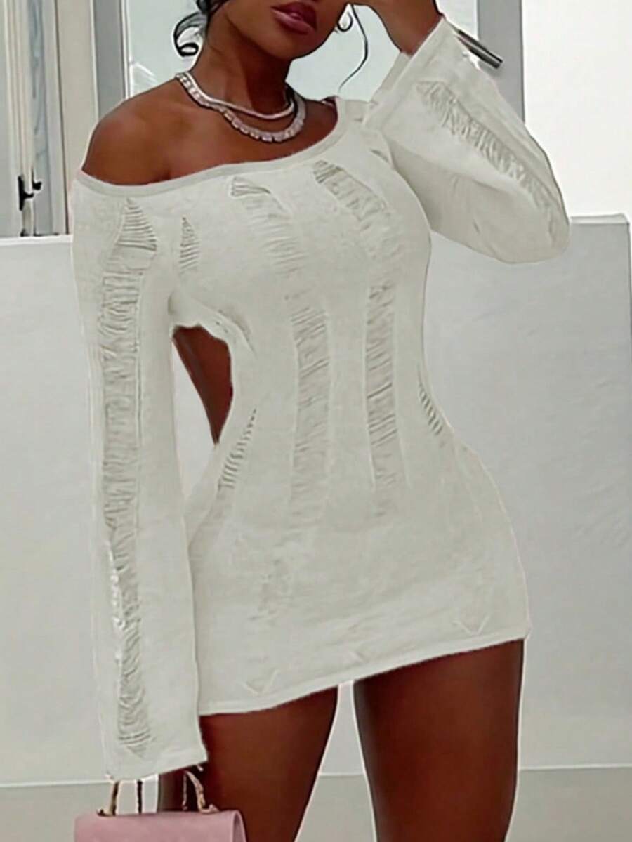 Sexy Hollow Out Backless Bodycon Mini Dress, Nightclub Outfit For Women, Long Sleeve Knit Skirt, Summer - White - View 1