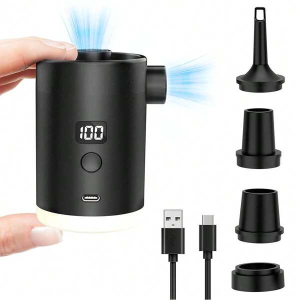 مضخة قابلة للنفخ محمولة بمنفذ USB: نفخ/ضخ 2 في 1 ، قوة 3600 مللي أمبير، شحن سريع، مع عرض رقمي للطاقة، 4 فوهات متعددة الوظائف، مناسبة لحصيرة نوم التخييم/السرير القابل للنفخ/طوق السباحة/طفو/حقيبة تخزين بالتفريغ | ضوء طوارئ خارجي قوي للإضاءة