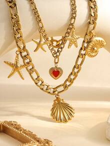 2pcs Stainless Steel Golden Starfish & Red Heart Shaped Pendant Necklace Set, Suitable For Women's Daily Decor Or Beach Vacation