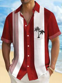 Camisa hawaiana de manga corta con botones para hombre, estampado 3D de rayas y árboles de coco, de estilo retro, para verano - Rojo - Ver 1