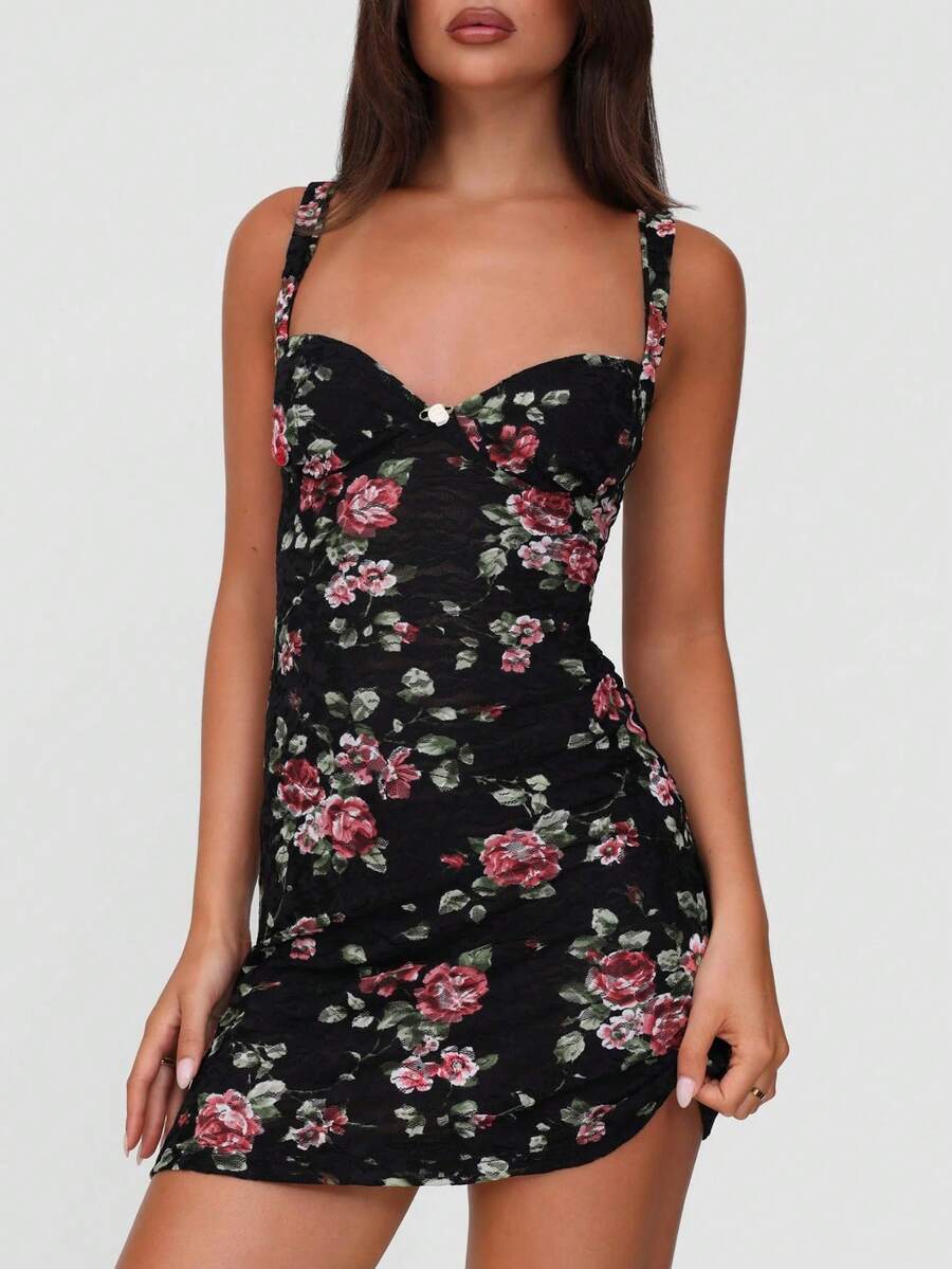 Minivestido ceñido con escote espalda descubierta y estampado de tirantes sexy - Negro - Ver 1