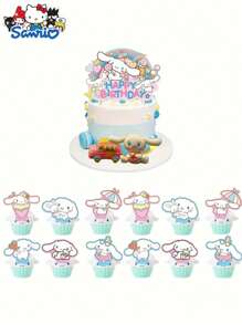 Sanrio 13pcs Sanrio Cinnamoroll Cake Decoration Set, Birthday Party Supplies, Safe Paper Material, Officially Licensed, Cartoon Cake & Cupcake Toppers, Inedible, Party Favors, No Electricity Required, Suitable For Birthday, Graduation, Wedding