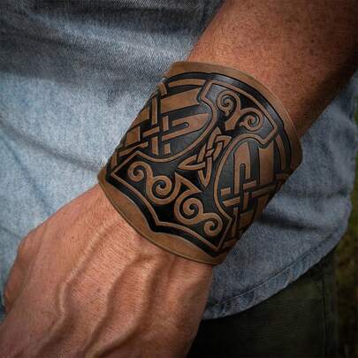 2pcs Viking Embossed Faux Leather Cuff Bracelets, Vintage Norwegian Wristband, Nordic Mjolnir Vegvisir Pattern Cuff Bracelet