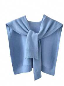 1 pièce Cardigan col châle en mélange de laine de haute qualité, minimaliste, avec patchwork de couleur unie et rayures, pour femmes. Poncho sans manches polyvalent. Châle tricoté de couleur unie pour l'automne 2025. Nouveau châle tricoté fin à rayures pour assortir avec un pull, une chemise, une écharpe [légère différence de couleur par rapport au produit réel]