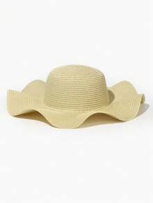 1pc Women's Wide Brim Straw Hat With Wavy Pattern, Suitable For Vacations - Beige - View 3