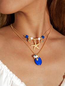 1pc Bohemian Ocean Style Starfish, Coconut Tree, Glass Beads, Evil Eye, Synthetic Turquoise Pendant Necklace Set For Women, Suitable For Beach, Party, Holiday, Gift For Friends (Bead Size & Quantity Vary) - Multicolor - View 8