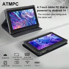ATMPC 701A Tablet Android 14 de 7 Polegadas, Equipado com 2GB de RAM DDR, 32GB de ROM, 3500mAh, Processador Quad Core, Tela IPS 1024X600, Câmera Frontal de 30 Pixels e Traseira de 200 Pixels, Wi-Fi 802.11 b/g/n 2,4g, PC, Equipado com Capa de Couro Anti-queda de Quatro Cores
