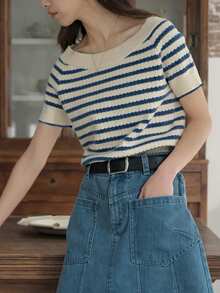Alicedudu Camiseta feminina estilo francês chique ombro a ombro listrada manga curta, verão - Azul - Ver 7