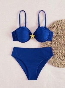 Nuevo y elegante traje de baño de 2 piezas de estilo europeo y americano, color rojo vino, minimalista y sexy, con aros, push-up y decoración metálica en forma de estrella de mar