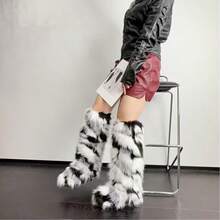 Womens Faux Fur Boot Winter Fluffy Long Furry Boots For Girls Outdoor Fuzzy Knee-High Boots - Black and White - View 4