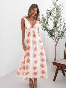 Floral Pattern Bohemian Vacation Woven Dress - White - View 3