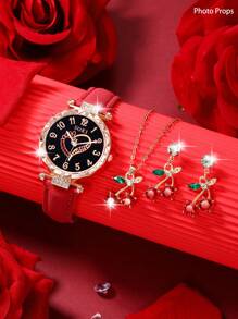 SOKI SOKI Set de 4 piezas para mujer que incluye un reloj de cuarzo con esfera redonda y números arábigos casual y elegante, un collar con diseño de cereza, aretes a juego y un estuche. Perfecto para uso diario, vuelta al colegio, temporada de graduación, Acción de Gracias y como regalo para parejas. Estuche no incluido.