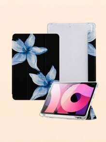 Flower Blue Printed Pattern Tablet Protective Case, Compatible With IPad 10.2", IPad Pro 2021/2020, IPad 9th/10th Gen, Galaxy Tab A8 10.5" 2022, Matepad 10.4"/Tab, Anti-Drop, With Pen Slot, Sleep/Wake Support