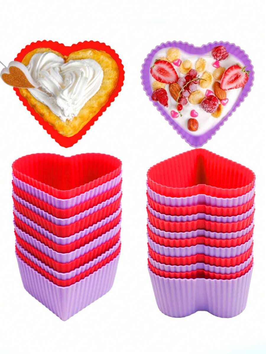 Heart Shaped Silicone Baking Cups, Reusable Muffin Liners, Nonstick Cupcake Molds, Pudding Cups, Jelly Molds, Flexible Mini Cake Pans For Valentine's Day, Weddings, Anniversaries, Parties, Baking Supplies - Multicolor - View 1