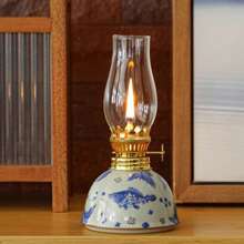 1pc Ceramic Blue And White Porcelain Floral Oil Lamp With Lamp Shade, Adjustable Wick, Suitable For Camping, Home Use, Festivals Like Christmas, Easter, Ramadan, Valentine's Day, Gift
