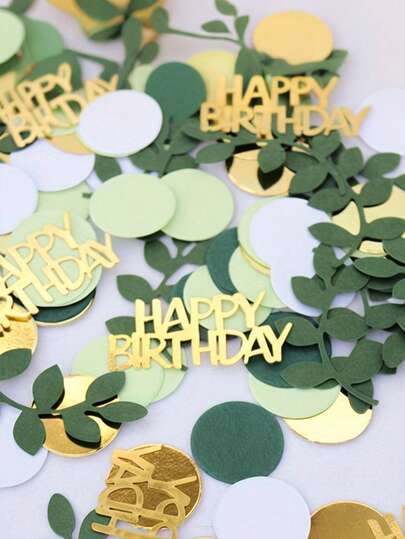 200/100/10pcs Birthday Party Confetti, Happy Birthday Confetti, Gold Card Happy Birthday Green Leaves Round Confetti, Birthday Party Table Decorations, Can Be Used For Diy Birthday Party Table Decorations, Create A Joyful Atmosphere, Festivals & Party Supplies