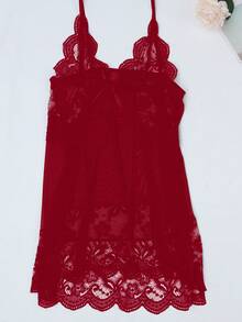 2 piezas Camisón de encaje y malla estilo sexy europeo y americano, para ropa de dormir, seducir a la pareja, fiesta - Rojo - Ver 8