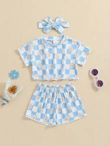 Toddler Girl Clothes 6M 12M 18M 24M 3T 4T Baby Girls Outfits Summer Floral Checkerboard Print Shirt+Shorts+Headband 3pcs Baby Clothing - Blue - View 1