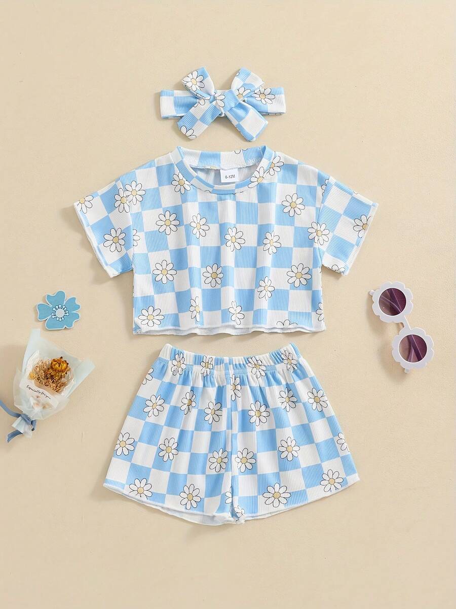 Toddler Girl Clothes 6M 12M 18M 24M 3T 4T Baby Girls Outfits Summer Floral Checkerboard Print Shirt+Shorts+Headband 3pcs Baby Clothing - Blue - View 1