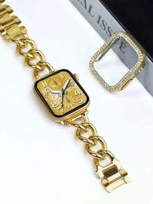 2 件时尚优雅表带和表壳套装，可调节金属金色手链式表带，搭配硬质 PC 金色框架（无屏幕保护膜），镶嵌闪亮水晶水钻的保护壳，兼容 Ultra 3/2/1 系列、S10/S9/S8/S7/S6/S5/S4/S3/S2/S1，38mm 40mm 41mm 42mm 44mm 45mm 46mm 49mm - 金色 - 查看 6