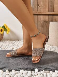 Women's Slip-On Elegant Comfortable Casual Crystal Embellished Flat Fashion Sandals - Brown - View 5