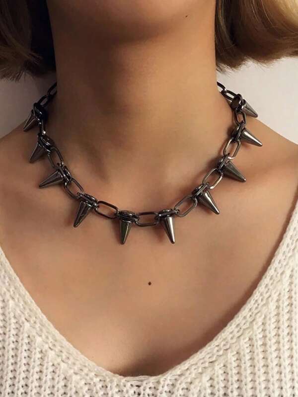 1pc Retro Hip Hop Necklace, Exaggerated Personalized Punk Rivet Bullet Collarbone Chain, Stainless Steel Casual Necklace