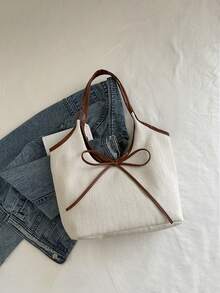 (Customized Embroidery) Large Capacity Bucket Tote Bag, Shoulder Underarm Bag, Bowknot, Unique Canvas Bag - Multicolor - View 6