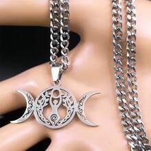 Unisex Stainless Steel Silver Hollow Triple Goddess Pendant Necklace, Witchy March Jewelry - Necklace - View 6