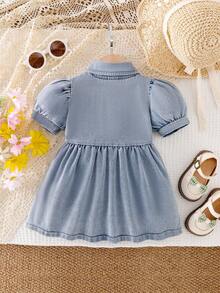 Baby Girl Simple Elegant Denim Button-Up Collared Puff Sleeve Dress - Medium Wash - View 3