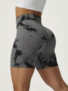 1 pieza Shorts deportivos de yoga con efecto tie-dye y bloques de color para mujer, con estiramiento, pantalón sin costuras para ciclismo al aire libre