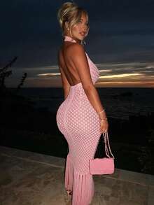 Women's Dress, Sexy Deep V-Neck, Backless, Solid Color Fringe Elegant, Summer - Pink - View 2