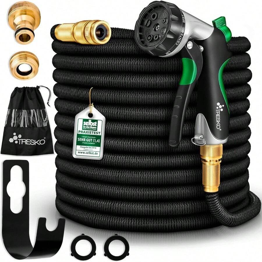 Expandable Garden Water Hose Pipe- 8-Pattern Spray Gun Anti-Leakage With Brass Fittings, Triple Latex Core & Hose Hook/Hanger, Magic-Hose Pipes - Black - View 1
