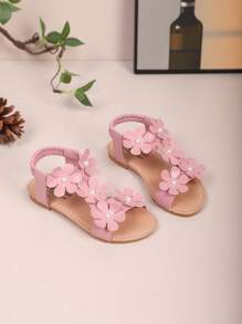 Sandalias con decoración de flores para niños mayores, zapatos de princesa para niñas, zapatos planos informales de playa con correa elástica para estudiantes de primaria, estampado floral de moda, de verano