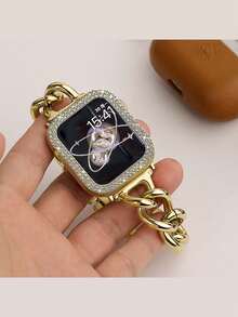 2 件时尚优雅表带和表壳套装，可调节金属金色手链式表带，搭配硬质 PC 金色框架（无屏幕保护膜），镶嵌闪亮水晶水钻的保护壳，兼容 Ultra 3/2/1 系列、S10/S9/S8/S7/S6/S5/S4/S3/S2/S1，38mm 40mm 41mm 42mm 44mm 45mm 46mm 49mm - 金色 - 查看 4