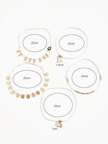5pcs Boho Style Beaded Elephant Tail & Devil's Eye Multi-Element Tassel Anklet Set For Women - Gold - View 6